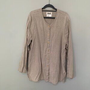 FLAX tan beige neurtal collarless long sleeve button front lightweight linen top